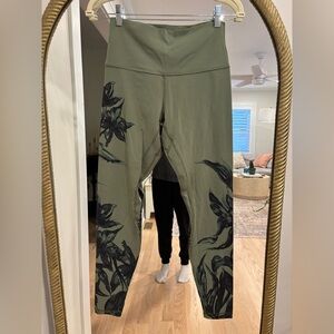 Olive Green Leggings with Black Floral Design